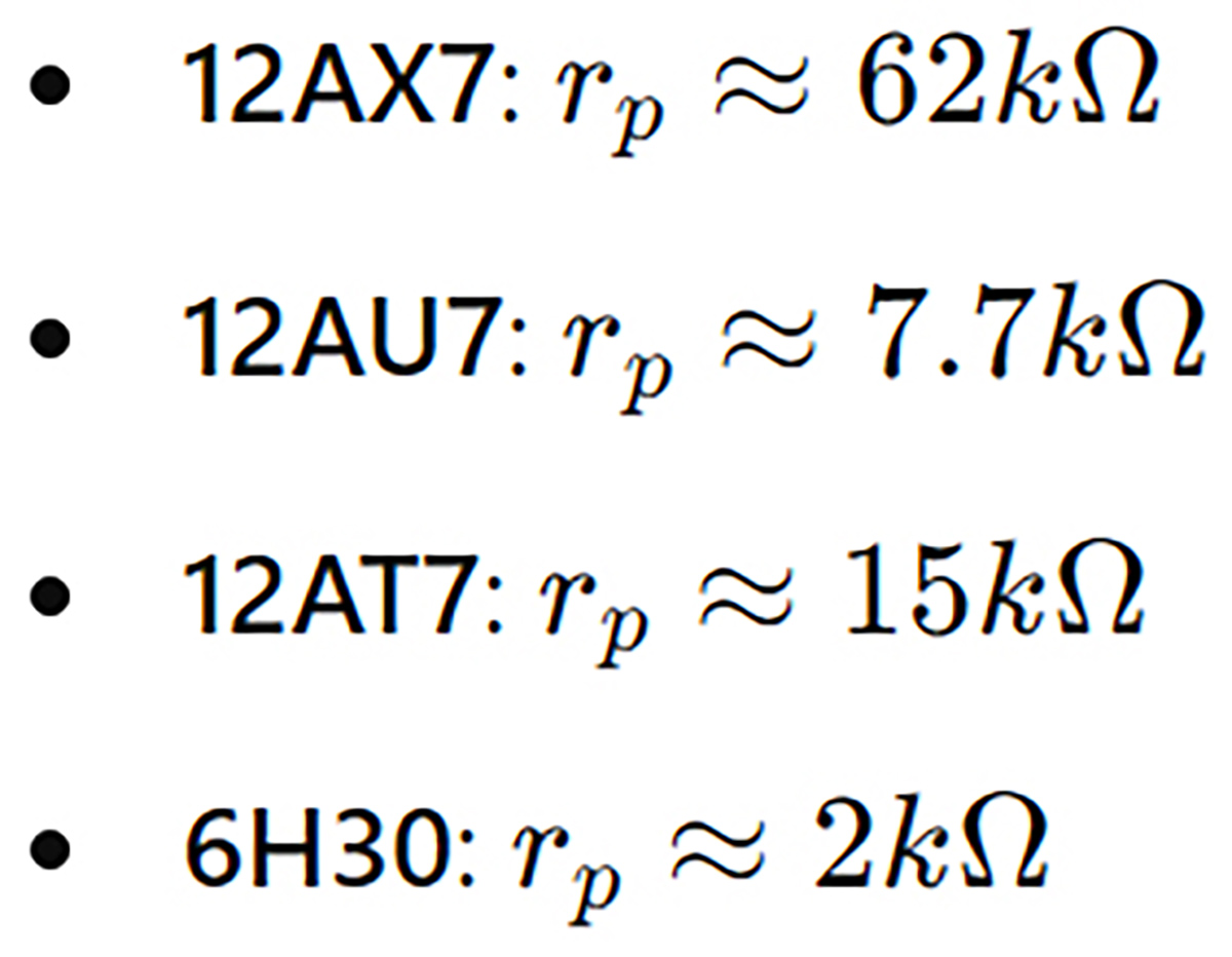 Output impedances of the 12AX7, 12AU7, 12AT7, and 6H30 dual triodes mathematical formula numericals Output impedances of the 12AX7, 12AU7, 12AT7, and 6H30 dual triodes mathematical formula numericals